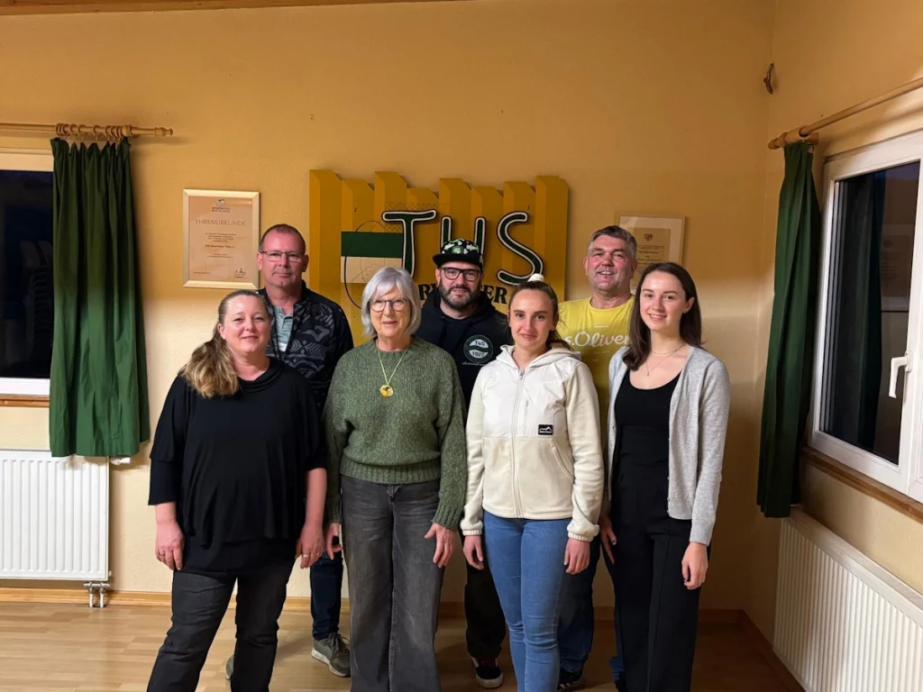 von links nach rechts: Silke Adams, (Finanzen), Jens Winking (2. Vorsitzender), Dorothe Reeh (Vorstand Abteilung Turnen), Alexander Kochs (beauftragter Öffentlichkeitarbeit und Marketing), Lilien Schütter (Vorstand Frauenfußball), Claus Wiest (1. Vorsitzender), Luna Ehlen (vorstand Fußballjugend)